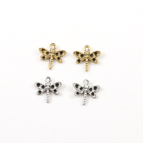 2 Pieces Small Pewter Flying Dragonfly Wings Charm Fantasy Pendant Inspirational Insect Pendant, Antique silver