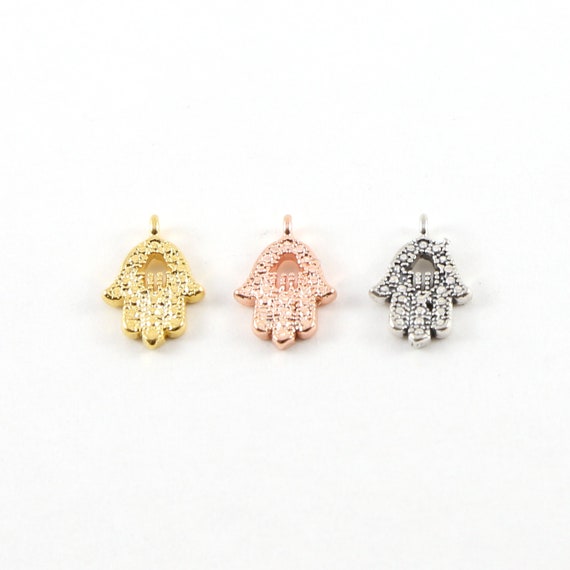 Small Hamsa Hand of Fatima Charm Vermeil Gold, Sterling Silver, Rose Gold Textured Charm Sideways Loop