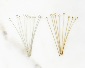 Lot de 10 tiges à œillet de 5 cm (2 pouces) de diamètre 24 gauge en argent sterling ou plaqué or 14 carats, pour la création de bijoux en perles.