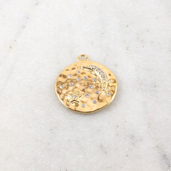 Cubic Zirconia Large Crescent Moon and Star Thick Coin Pendant Rhodium Plated Pave Gold Celestial Unique Charm