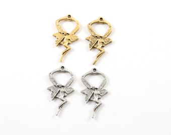 2 Pieces Pewter Flying Fairy Wings Pixie Charm Bent Knees Fantasy Pendant Inspirational Pendant,  Antique gold, Antique silver
