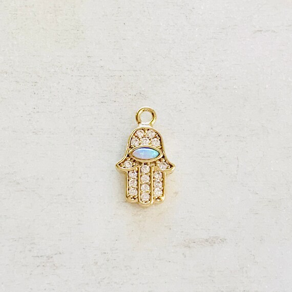 Tiny Hamsa CZ Pave With Opal Cubic Zirconia Gold Plated Charm Miniature Hamsa