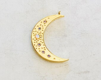 Celestial opal crescent moon star pendant gold plated cz charm pendant, cubic zirconia, moon jewelry, star jewelry