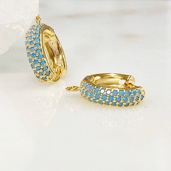 1 Pair Shimmering CZ Pave Turquoise Hoop Earrings,  Gold Plated Earring, Hoop Component in Gold, Sold as Pair