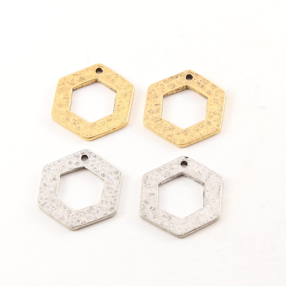 2 Pieces Pewter Metal Textured Open Hexagon Stamping Blank Pendant Charm In Antique Gold, Antique Silver