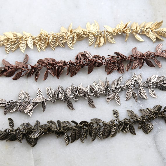 Base Metal Tiny Dangle Leaf Chain in Antique Silver, Antique Copper, Antique Brass, Matte Gold / Chain by the Foot