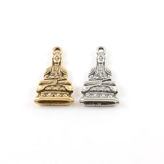 Detailed Sitting Buddha Pewter Double Sided Charm Buddha Mantra Yoga Religious Spiritual Pendant 24mm x 14mm in Antique Gold, Antique Silver