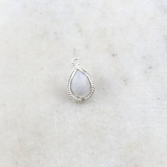 Small Sterling Silver Faceted Rainbow Moonstone Teardrop Pendant Charm Twisted Bezel Design