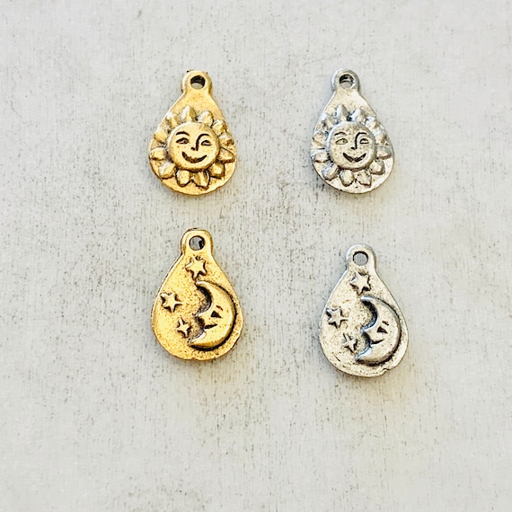 2 Pieces Pewter Smiling Sun Sunshine Charm with Moon and Stars on Back Tear Drop Shape Celestial Pendant  Antique Gold Antique Silver