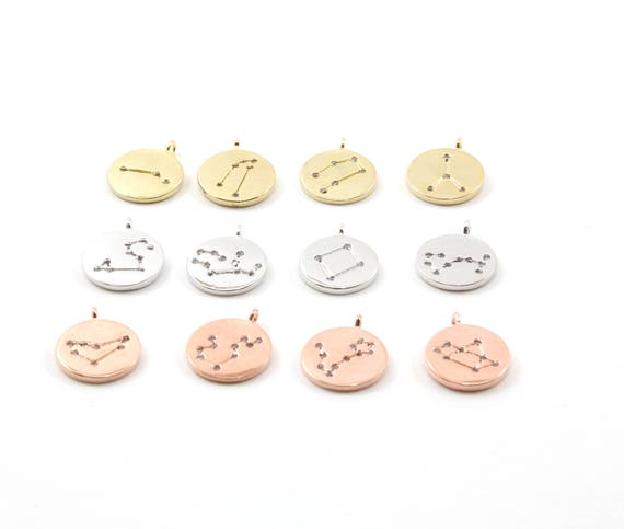CZ Constellation Round Coin Charms Rhodium Plated Gold, Silver, Rose Gold Cubic Zirconia / Choose your Constellation