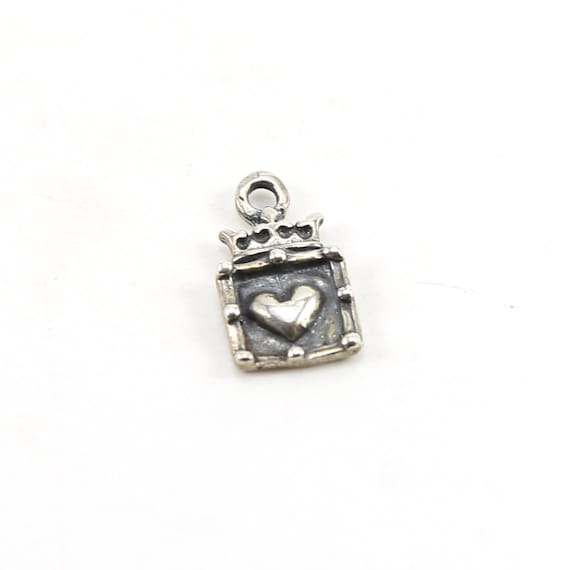 Sterling Silver Square Heart with Crown Charm Queen Princess Charm Pendant with Bead Detailing