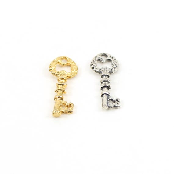 Small Detailed Skeleton Key Charm Rounded Head in Sterling Silver or Vermeil Gold