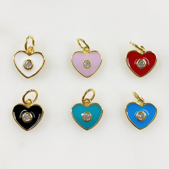 Dainty Gold Plated Heart Charm with CZ Choose Your Color White, Pink, Red, Black, Turquoise, Blue Enamel Charm Pendant