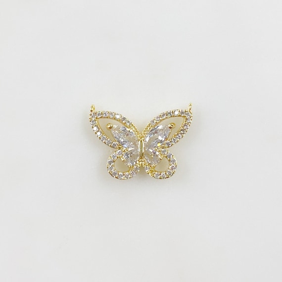 1 Piece Butterfly Cubic Zirconia Pavé with 2 Loops Detailed Clear CZ Gold Plated Butterfly Charm