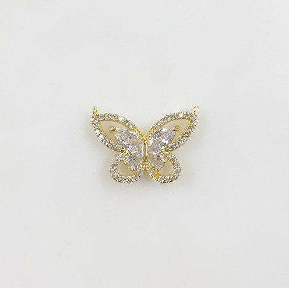 1 Piece Butterfly Cubic Zirconia Pavé with 2 Loops Detailed Clear CZ Gold Plated Butterfly Charm