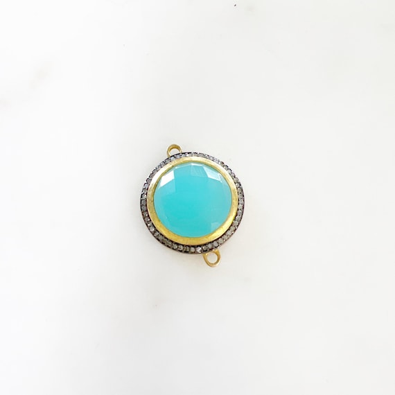 Round Faceted Chalcedony with Diamond Connector Bezel  in Vermeil Gold