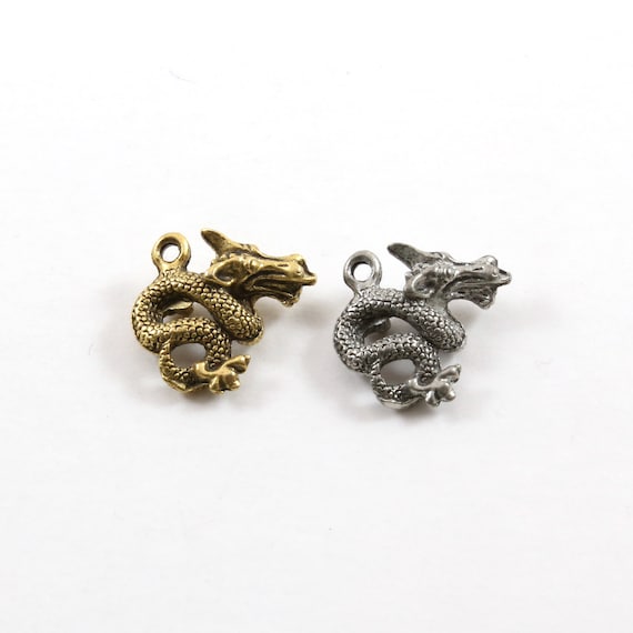 Double Sided Pewter Small Dragon Charm Fantasy Medieval Magic Mystical Creature Pendant in Antique Gold, Antique Silver