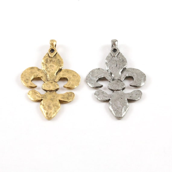 Textured  Fleur De Lis  Design Pendant Pewter Necklace Charm 38mm x 25mm in Antique Gold or Antique Silver