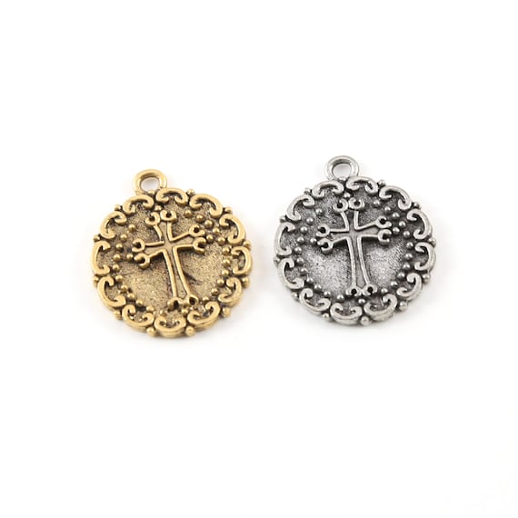 Pewter Base Metal Raised Cross Coin Charm with Swirl Edge Pendant Religious Spiritual Catholic Christianity Necklace Charm