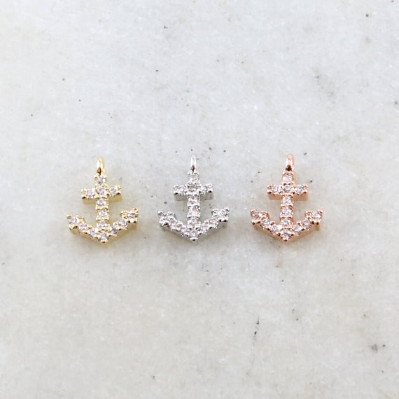 Dainty Tiny CZ Pave Rhodium Plated Anchor Charm in Gold, Silver, Rose Gold