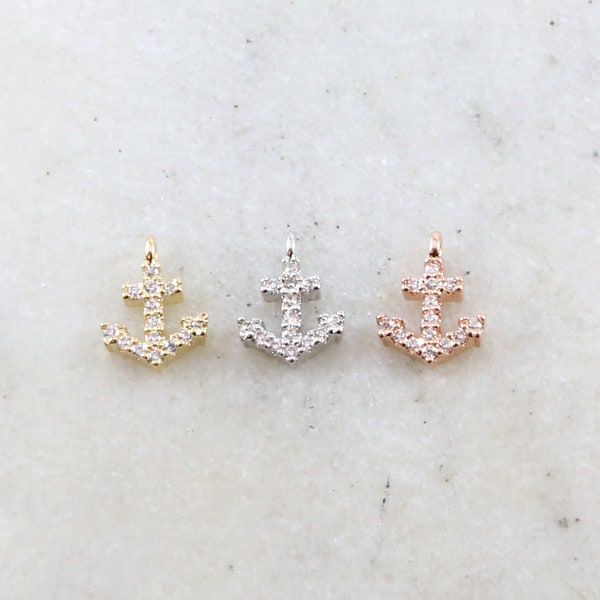 Dainty Tiny CZ Pave Rhodium Plated Anchor Charm in Gold, Silver, Rose Gold
