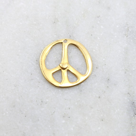 Organic Peace Sign with Heart Charm Vermeil Gold Hippie Love Pendant
