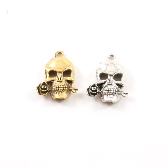 Pewter Rose in Mouth Punk Pirate Skull Charm Pendant Halloween Skeletons Day of the Dead Charm in Antique Gold, Antique Silver