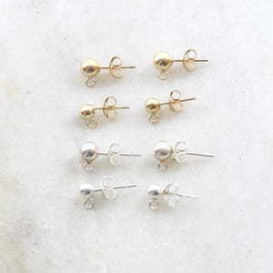 1 pair dainty simple 4mm or 5mm ball posts with loop and earring backing earring component in sterling silver or 14k gold filled