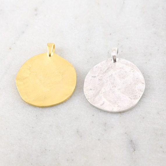 Large Textured Pewter Base Metal Hammered Stamping Blank Circle Coin Charm with Bail Pendant Gold or Silver