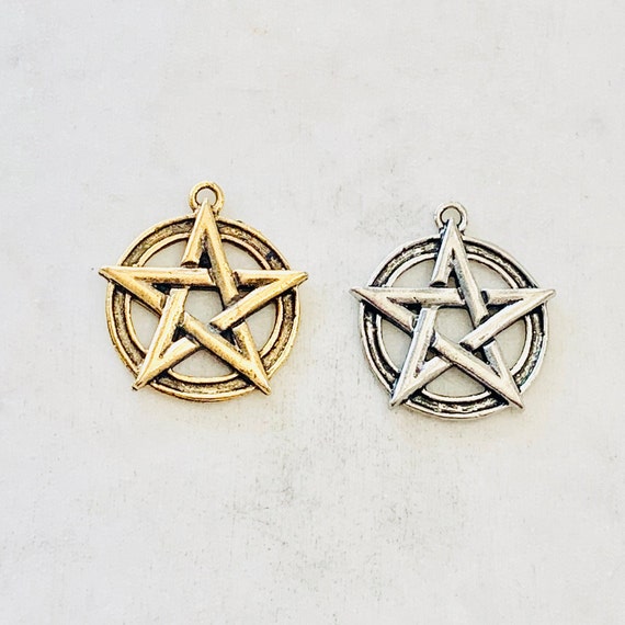 Wiccan Symbol Large 5 Point Star Pewter Base Metal Mythologian Charm Pendant Antique Gold, Antique Silver
