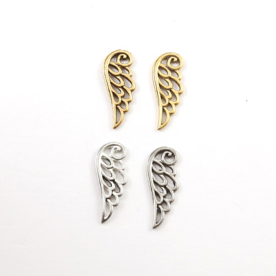 2 Pieces Large Pewter Outline Double Sided Whimsical Angel Wing Charm Pendant Inspirational Pendant Antique gold, Antique silver