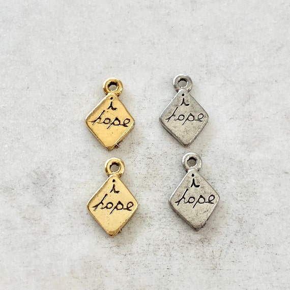 2 Pieces Pewter Diamond Shape with I Hope Charm Pendant Inspirational Charm Antique Gold, Antique Silver