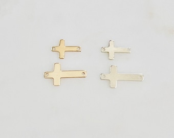 Minimal modern 2 hole sideways horizontal cross connector  linkcharm, 14k gold filled or sterling silver. religious charm permanent jewelry