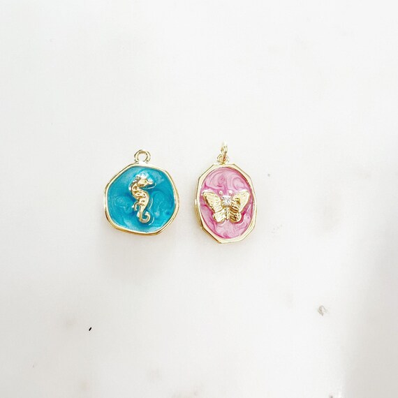 Unique Cute Blue Enamel  SeaHorse Ocean Inspired Charm, Pink Enamel Butterfly with CZ  Nature Inspired Charm Choose Your Charm