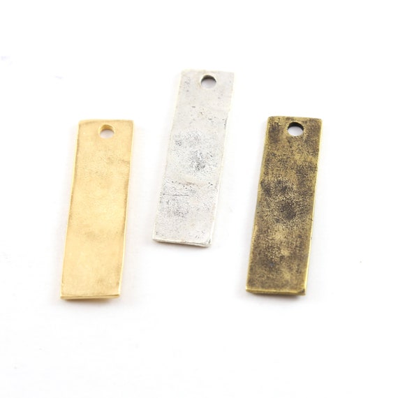 Pewter Metal Hammered 36mm x 10mm Stamping Blank Single Hole Rectangle Wide Bar Pendant Silver, Gold, Antique Brass