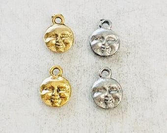 2 pieces pewter base metal small round  detailed full moon face charm double  sided celestial  charm pendant antique gold, antique silver