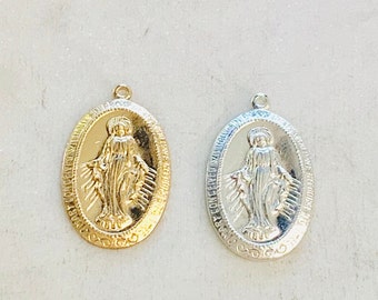 14K Gold Filled or Sterling Silver Virgin Mother Mary Oval Pendant Gold Religious Charm Pendant