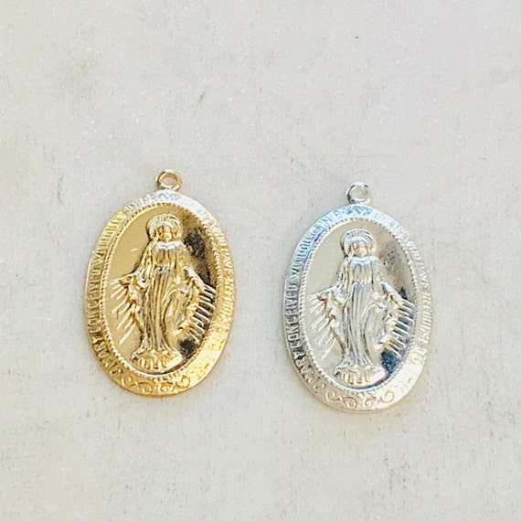 14K Gold Filled or Sterling Silver Virgin Mother Mary Oval Pendant Gold Religious Charm Pendant