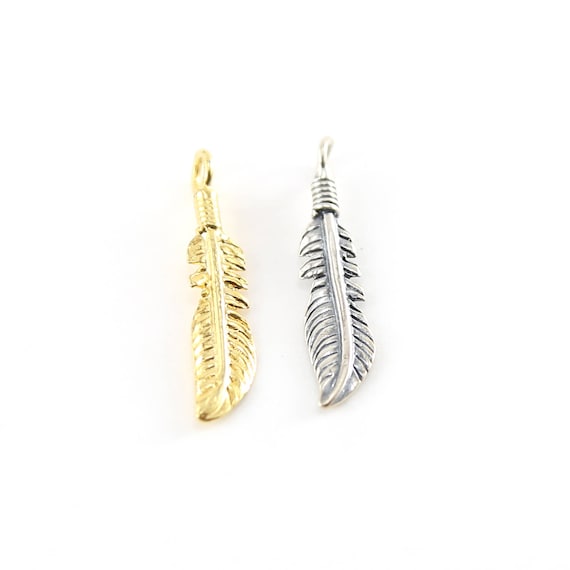 Long Western Modern Feather Charm Sterling Silver or Vermeil Gold Pendant