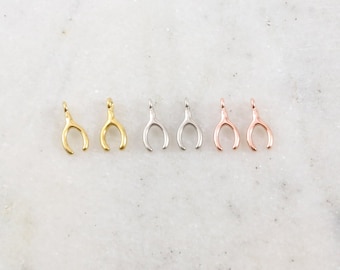 2 pieces tiny vermeil gold, sterling silver, rose gold wishbone luck lucky charm pendant sideways hole