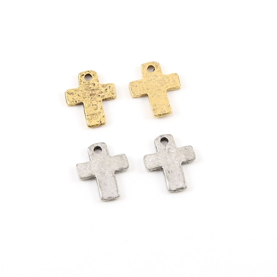 2 Pieces Pewter Base Metal Small Little Dainty Hammered Textured Cross Charm Pendant Religious Spiritual Catholic Christianity Charm