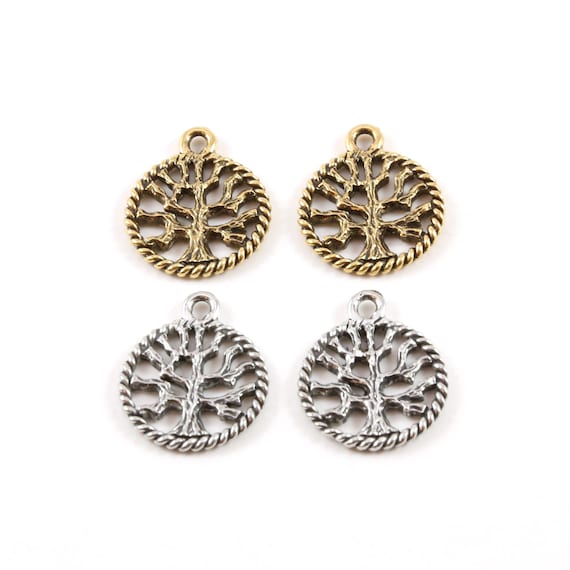 2 Pieces Small Tree of Life Silhouette Family Oak Tree Pewter Pendant Nature Coin Circle Medallion Charm Antique Silver, Antique Gold