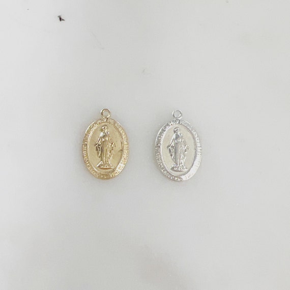 14K Gold Filled or Sterling Silver Small Mother Virgin Mary Oval Pendant Religious Charm Pendant