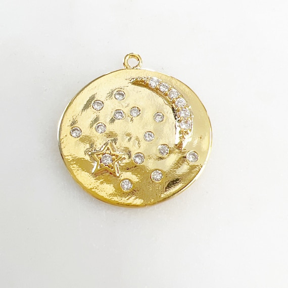 Cubic Zirconia Large Organic Shape Crescent Moon and Star Thick Coin Pendant Gold Plated Pave Gold Celestial Unique Charm