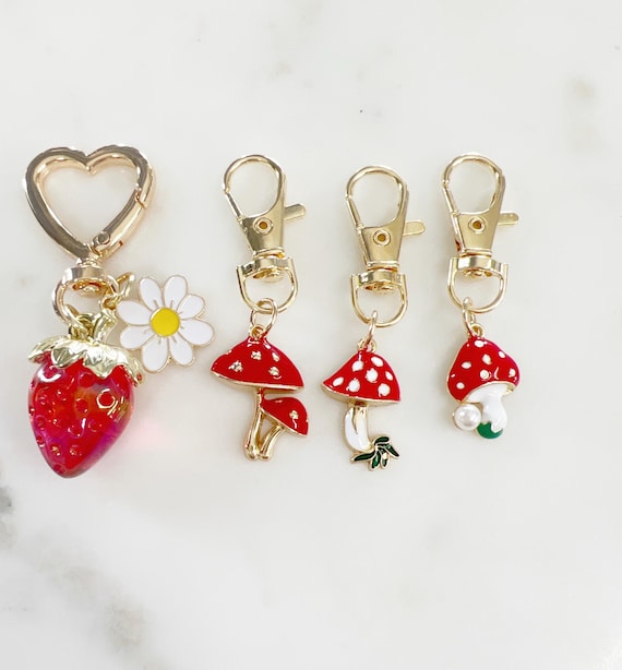 Trendy Cute Purse, Lip Gloss, Backpack Key Charm, Strawberry, Double Mushroom, Mushroom, Mushroom with Pearl Key Chain, Jewelry Supply