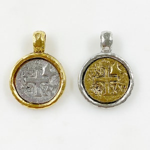 Medieval Double Sided Cross Coin Pendant Charm Pewter Base Metal Silver and Gold Pendant Religious Spiritual Catholic Christianity Necklace