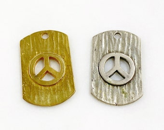 Vermeil Or Sterling Silver Peace Sign Cut Out Textured Dog Tag Charm Hippie Love 60's Charm