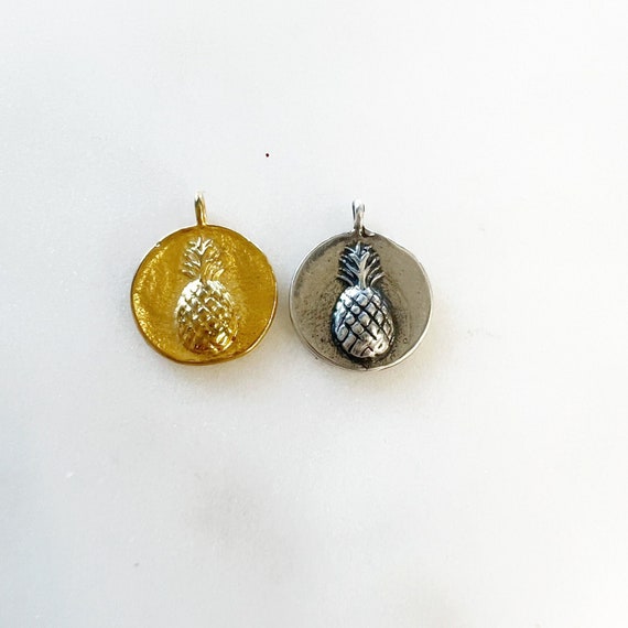 Raised Pineapple Round Disc Charm Juicy Fruit, Tropical, Hawaiian Charm Pendant Sterling Silver or Gold Vermeil