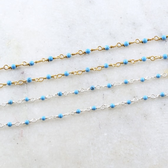 Tiny Turquoise Rosary Beaded Wire Wrapped Chain Sterling Silver or Vermeil  / Sold by the Foot / Bulk Unfinished Chain / December Birthstone