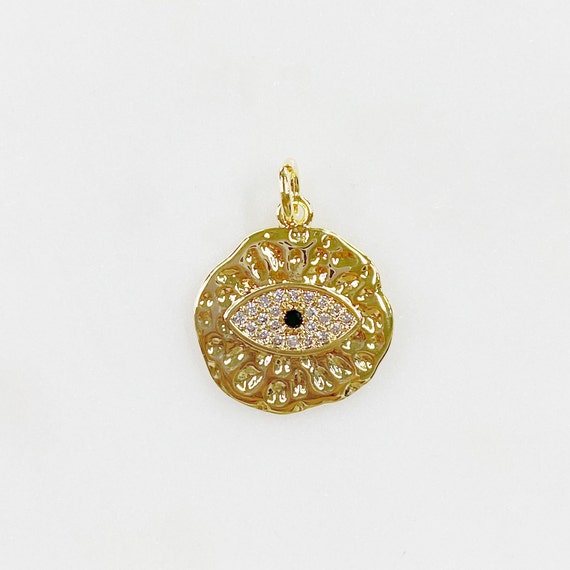 Evil Eye Textured CZ Coin Charm Jagged Edge Round Gold Plated Evil Eye Flat Coin Charm